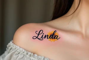 A vibrant sunflower in shades of yellow and orange with the daughter’s name Linda curved along the stem in black script. tattoo idea