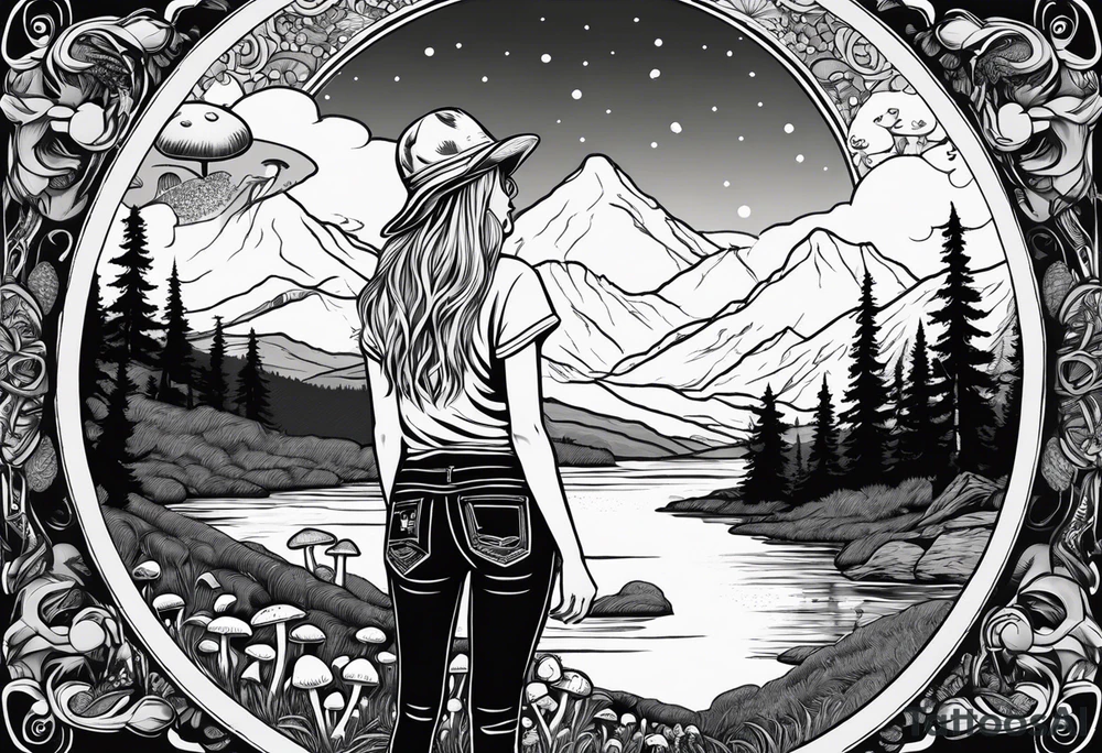 Whole picture encircled fully

Straight long blonde hair hippie girl in distance holding mushrooms in hand facing away toward mountains and creek surrounded by mushrooms tee shirt and hiking pants; whole rendering within a full circle, no cut off circle tattoo idea