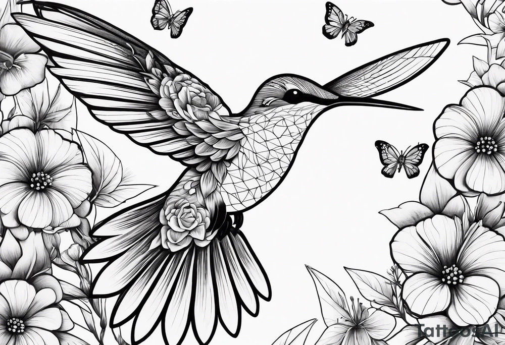 humming bird with flowers and butterflies tattoo idea