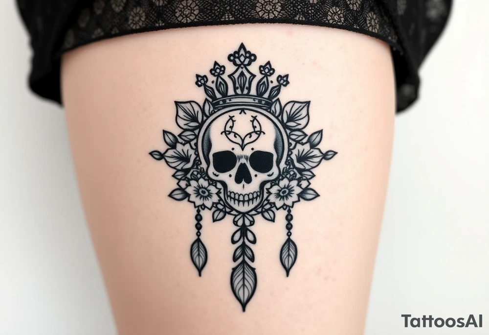 Mandala dream catcher lace with delicate skull and flowers wearing elegant crown tattoo idea