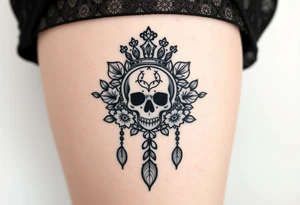 Mandala dream catcher lace with delicate skull and flowers wearing elegant crown tattoo idea