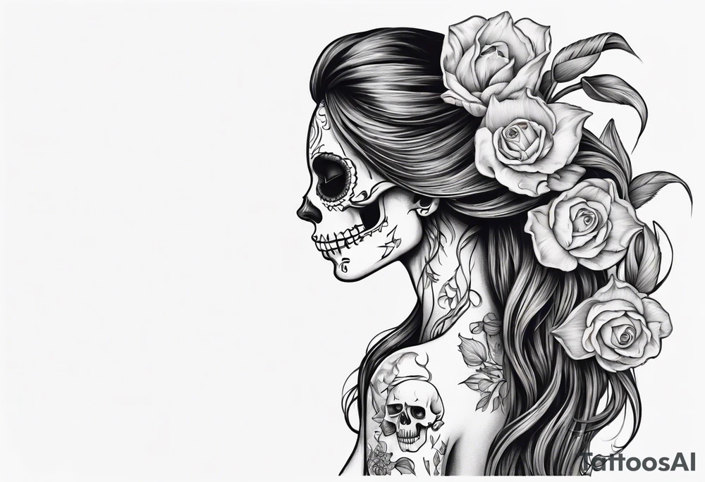 sideview of female skull with long hair and tulip tuft in hair and catrina painting, friendly mood tattoo idea