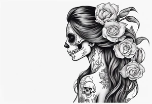 sideview of female skull with long hair and tulip tuft in hair and catrina painting, friendly mood tattoo idea