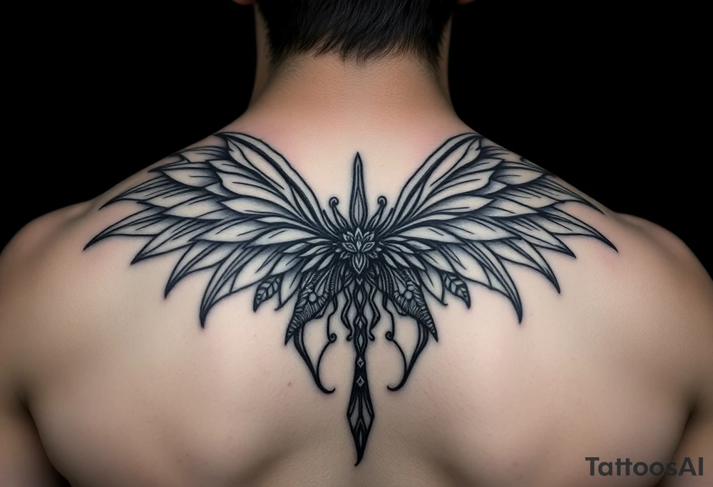 maximalist, cyber sigilism, organic touches, back tattoo, whimsical, witchy, hippie, fairy wing like, maximalistic, very very complex and big, detailed tattoo idea