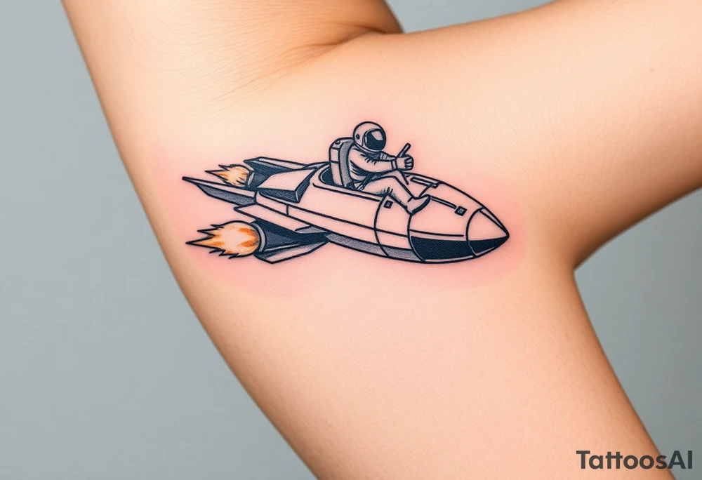 Rocket ship with sparks coming out of the back and astronaut riding it tattoo idea