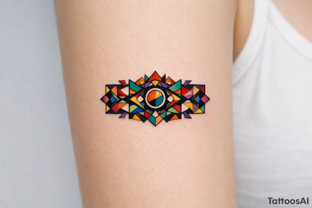 Wide Wrist band, abstract, geometric, full of various colors. tattoo idea