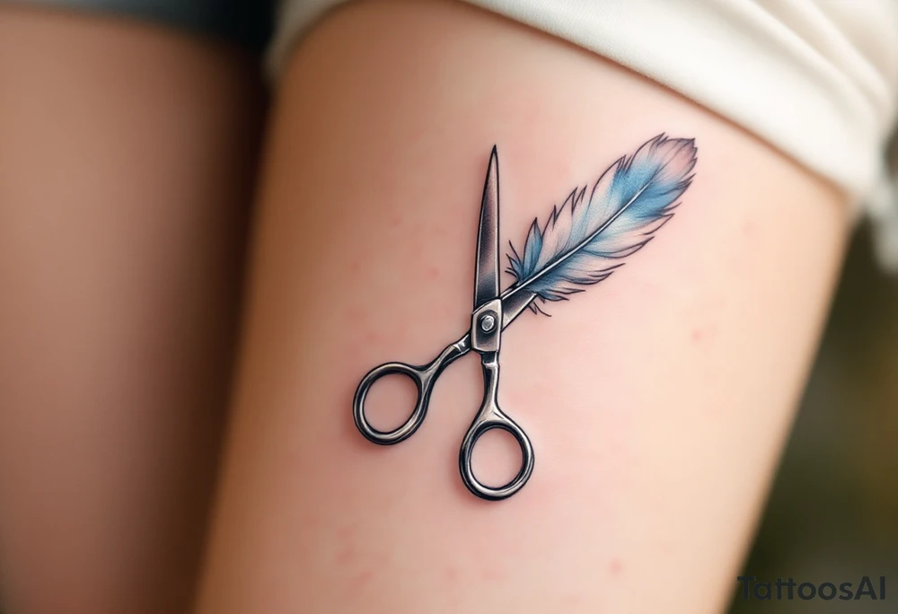 Scissors and Feather Tattoo – A set of lightly shaded silver scissors with a feather delicately hanging from the handle, with subtle blue and gray shading, giving the design a whimsical, airy feel that symbolizes freedom and creativity. tattoo idea