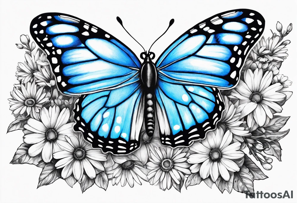 Blue monarch butterflies and daisies tattoo idea