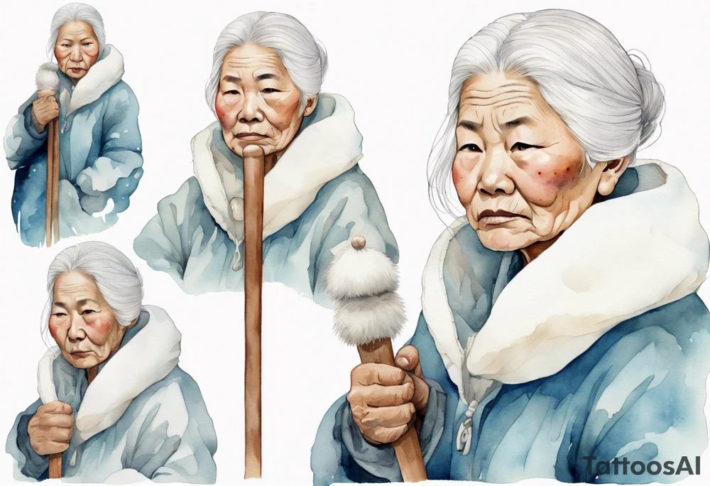 an elderly Inuit woman with white hair, wearing mittens, wearing a white cloak, holding a white staff, wearing mukluks, standing on an iceberg tattoo idea