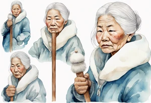 an elderly Inuit woman with white hair, wearing mittens, wearing a white cloak, holding a white staff, wearing mukluks, standing on an iceberg tattoo idea