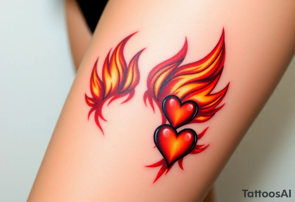 A fiery bird paw print with hearts engulfed in flames, using shades of red, orange, and yellow, symbolizing passion and energy tattoo idea