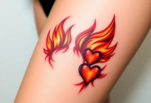 A fiery bird paw print with hearts engulfed in flames, using shades of red, orange, and yellow, symbolizing passion and energy tattoo idea
