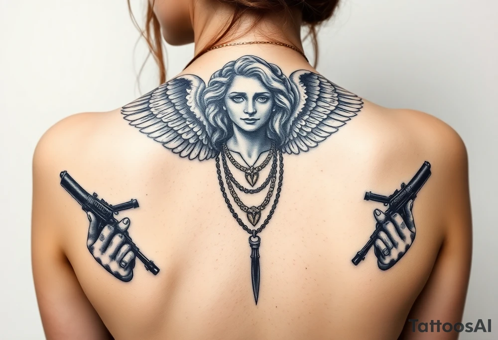 old angel statue in criminal style, tattooed and at the same time contemporary, weapons in hand, gangster-style gold necklaces tattoo idea