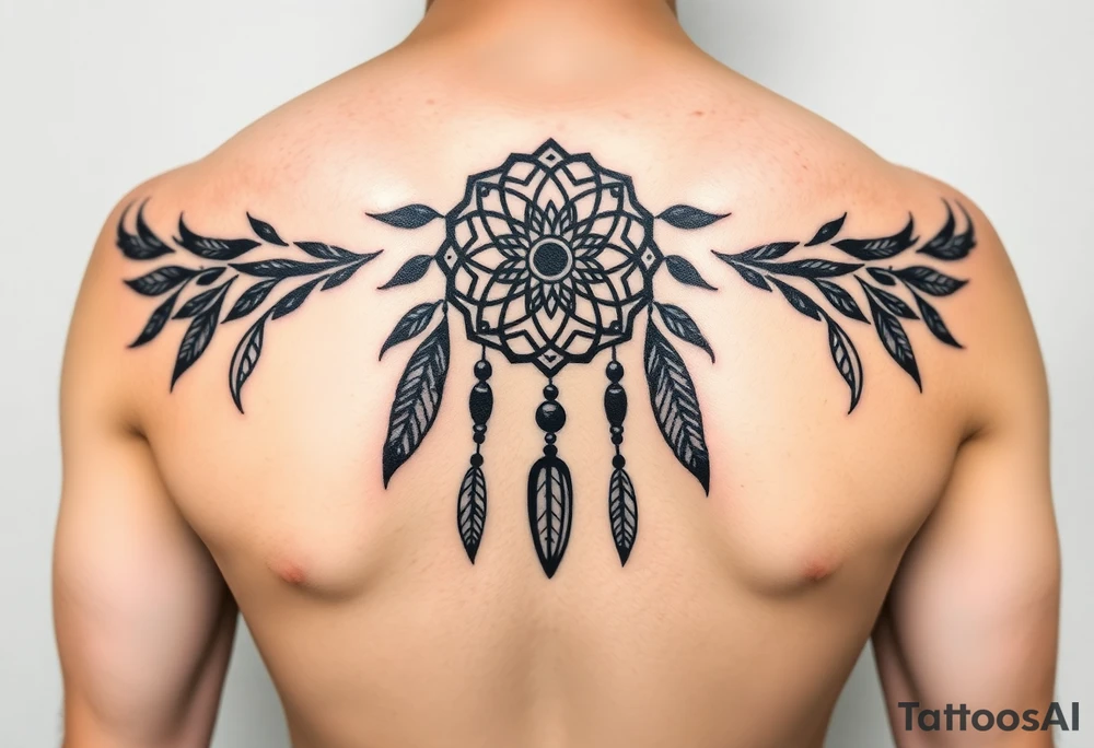 native dreamcatcher with flowing feathers and sacred beads tattoo idea