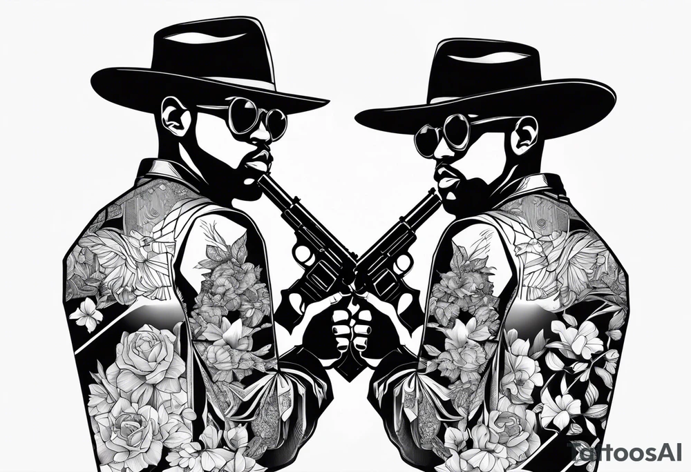 A reflection of two black siloets of people holding guns at two siloets dead tattoo idea