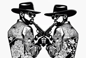 A reflection of two black  siloets of people  holding guns at two siloets dead tattoo idea