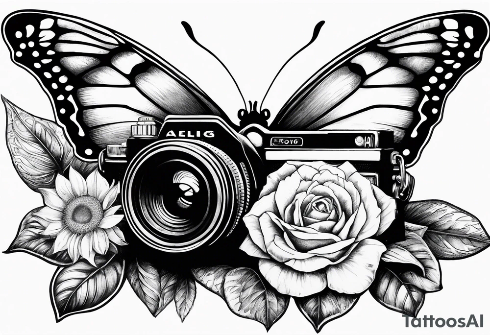 Butterfly, sunflower, camera, book, flower rose tattoo idea