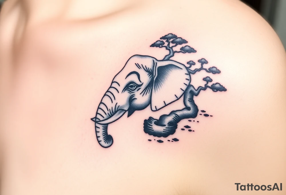 Head of an elephant with bonsai tree behind it Japanese style realistic tattoo idea