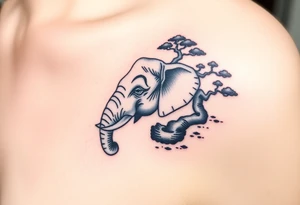 Head of an elephant with bonsai tree behind it Japanese style realistic tattoo idea