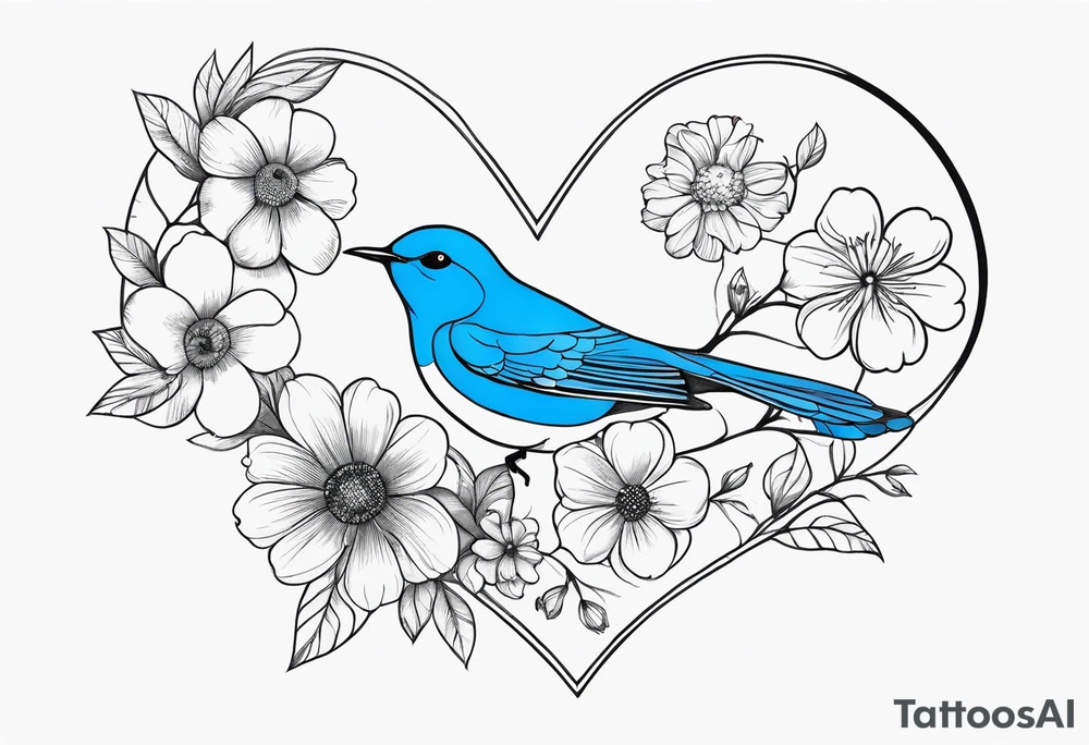 Spine, flowers bluebird bees heart shapes tattoo idea