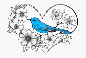 Spine, flowers bluebird bees heart shapes tattoo idea