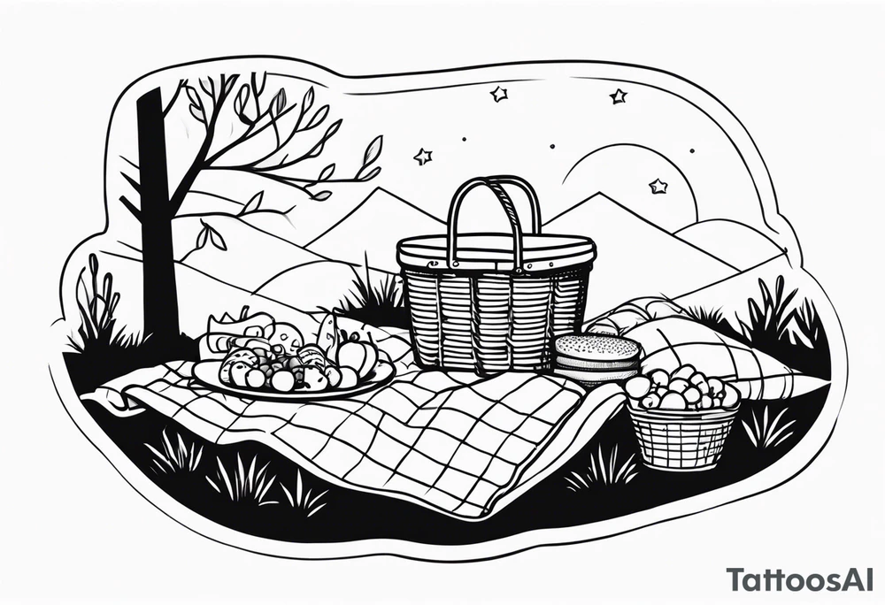 Very light and minimalstic picnic scene in nature. A blanket, picnic-basket with lid, pillows and party tennants. Thin lines. tattoo idea