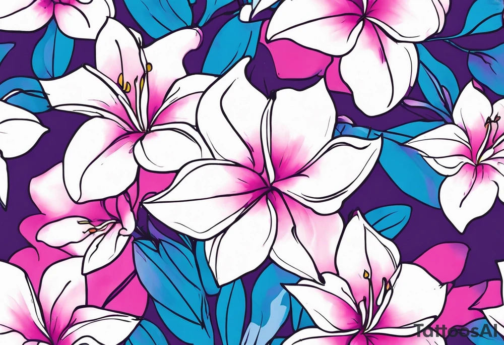 brushstroke abstract pink, purple, and blue mandevilla flowers on a vine, with color leaking out into the background. SOme of the flowers should be full color, and some just linework. It should have a handdrawn, sketch feel. tattoo idea