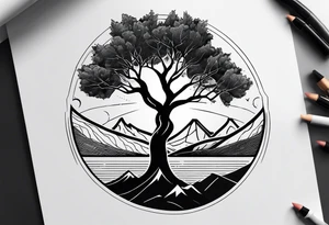 I want it in a vertical line one end to start with a tree then connect to a boomerang then connect to mountains then connect to the sun tattoo idea