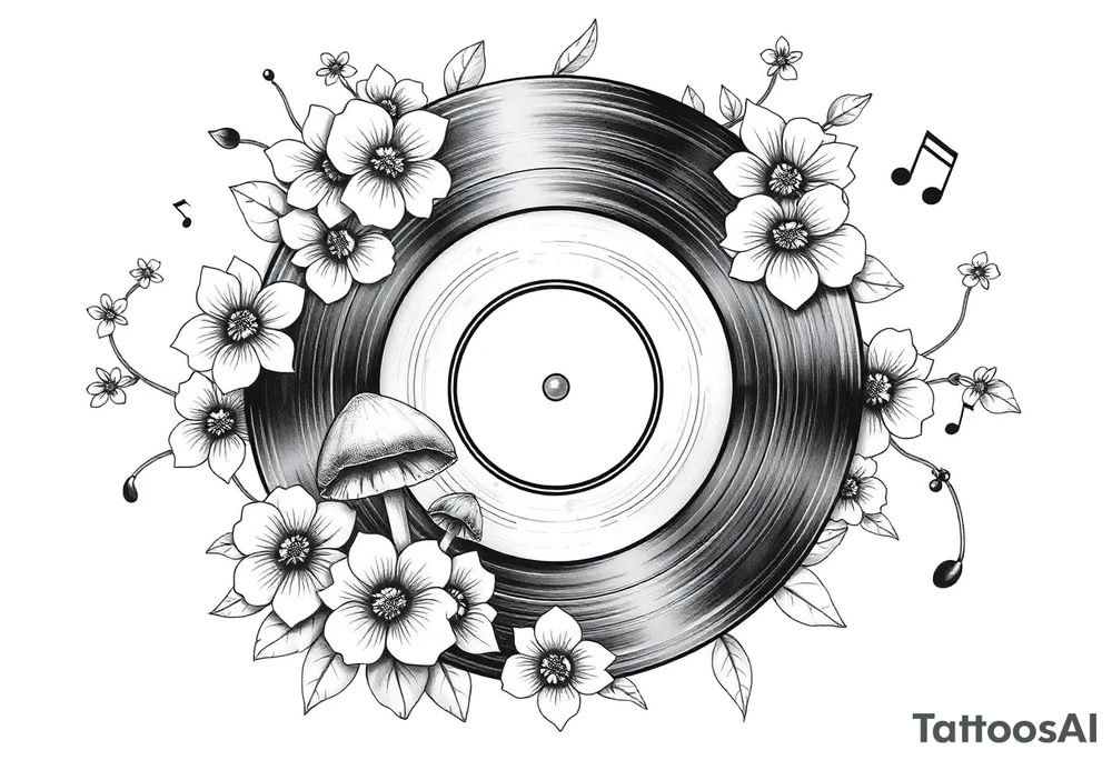 vinyl record surrounded by flowers, mushrooms, and music notes tattoo idea