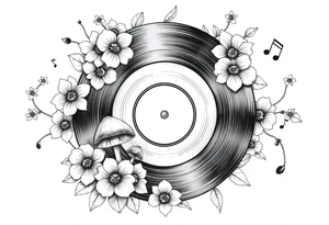 vinyl record surrounded by flowers, mushrooms, and music notes tattoo idea