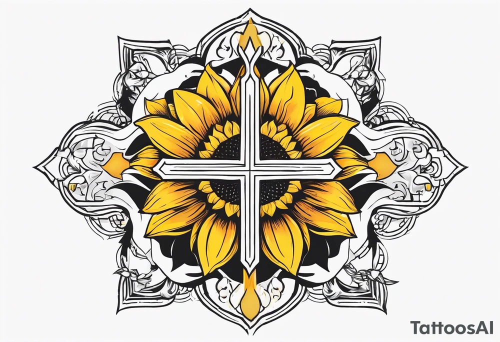 A central cross with the names Kyle Peter Lori on it with lighting a motorcycle and a sunflower around it tattoo idea