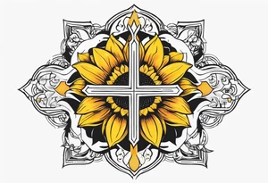 A central cross with the names Kyle Peter Lori on it with lighting a motorcycle and a sunflower around it tattoo idea