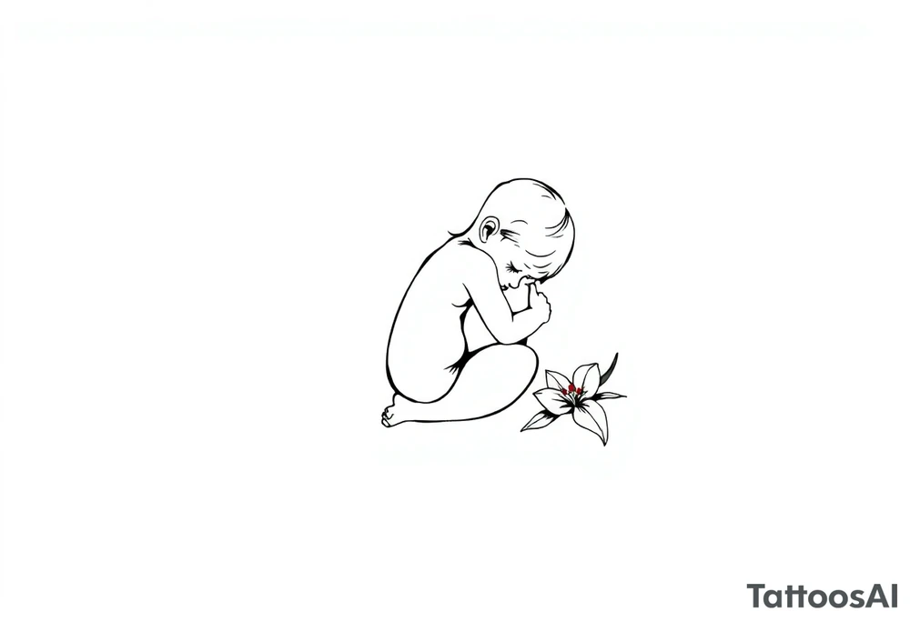 A simple tile floor with a minimalist outline of a curled up child sitting on the floor with a lily next to her tattoo idea