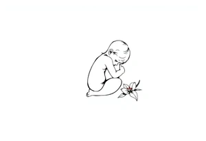 A simple tile floor with a minimalist outline of a curled up child sitting on the floor with a lily next to her tattoo idea