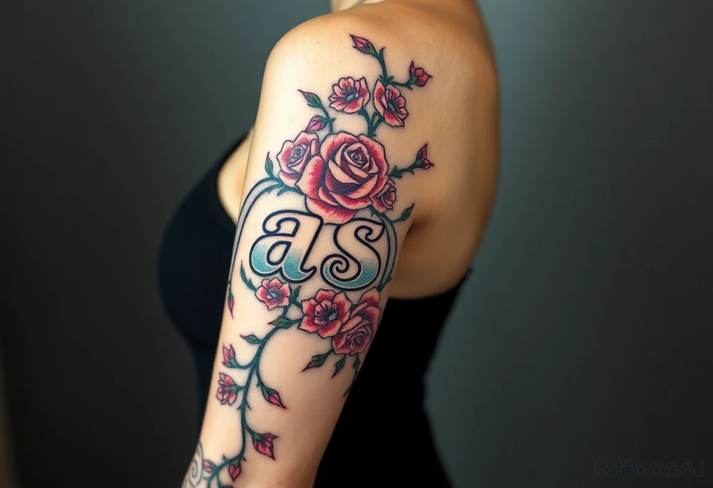 the word Nashika with roses surrounding with thorns tattoo idea