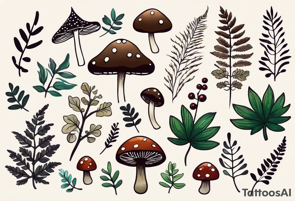 minimalistic forest floor inspired tattoo, which includes grass, moss, curly ferns and dead leaves as the bulk of the tattoo. details to include: forest berries, couple of very small brown mushrooms, a tiny bumblebee flying nearby tattoo idea