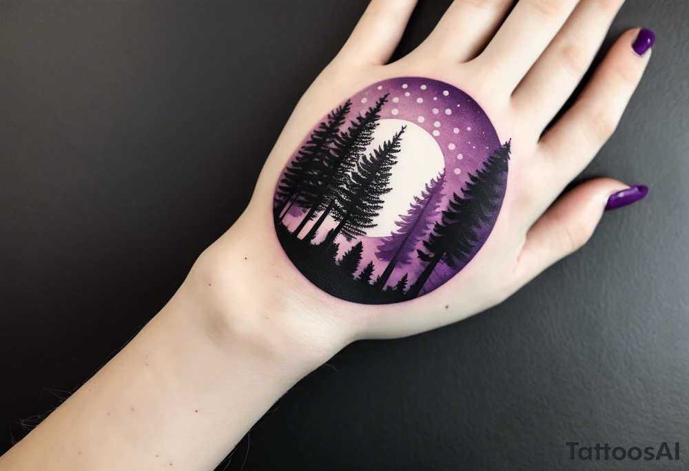 forest, abstract, on hand, no people, purple and black, full, whole wrist wrapped tattoo idea