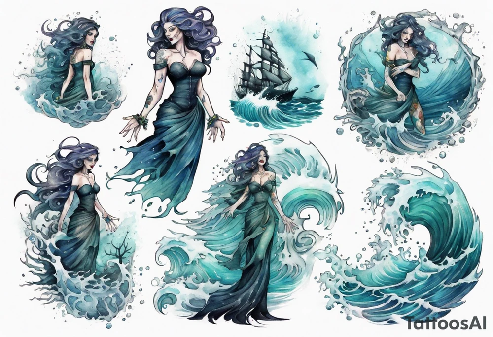 a beautiful sea witch standing in the sea surrounded by crashing waves tattoo idea