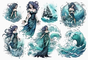 a beautiful sea witch standing in the sea surrounded by crashing waves tattoo idea