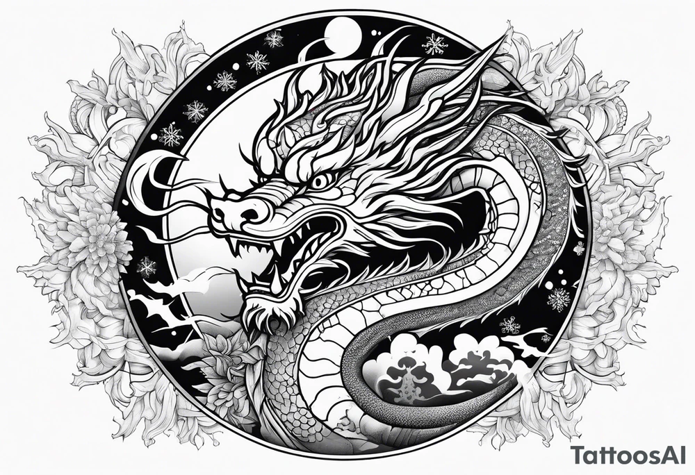 japanese dragon, celestial, cross, snowflake tattoo idea