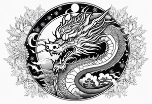 japanese dragon, celestial, cross, snowflake tattoo idea