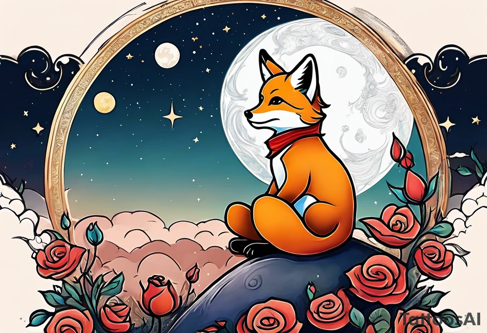 The Little prince sitting on his planet toghether with the fox on his planet besides his rose. Both are watching into the sky tattoo idea