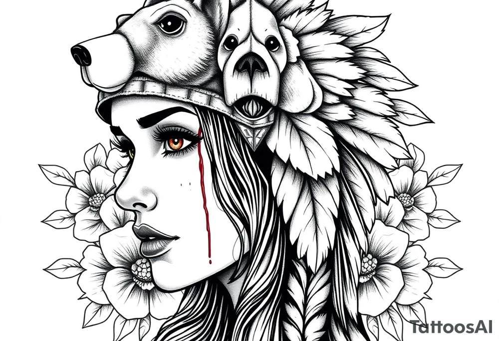 Symmetrical Beautiful Woman, looking forward, with colored eyes, shedding a tear, with battle scars and blood on face, with soft look, wearing a mean looking bear headdress on head, with flower background tattoo idea