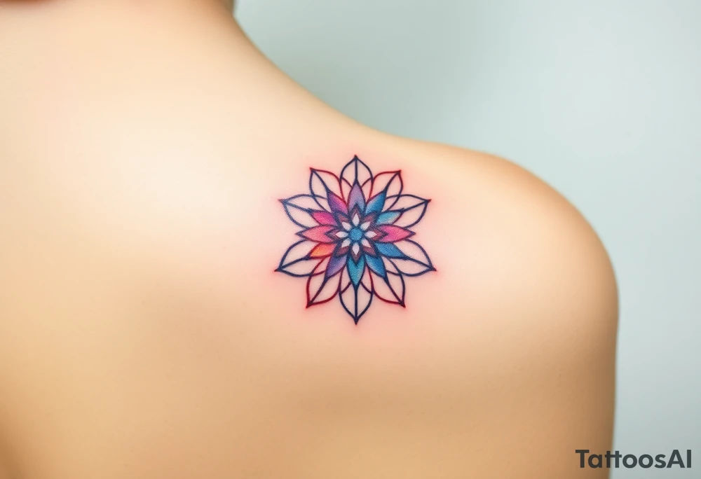 A floating Flower of Life with a glowing aura in round cyrcle, appearing as if suspended in space tattoo idea