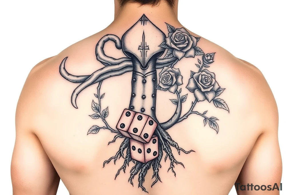 Gods hand, squid, knight with roses and tree roots rolling dice tattoo idea