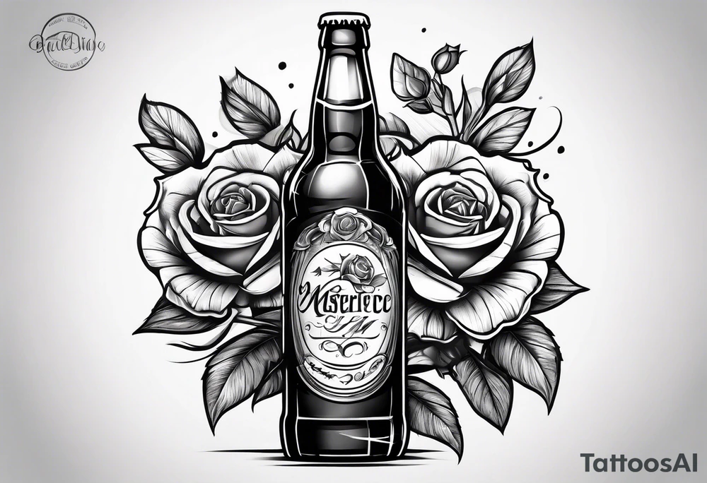 A bottle of beer and a stalk of rose in the bucket tattoo idea