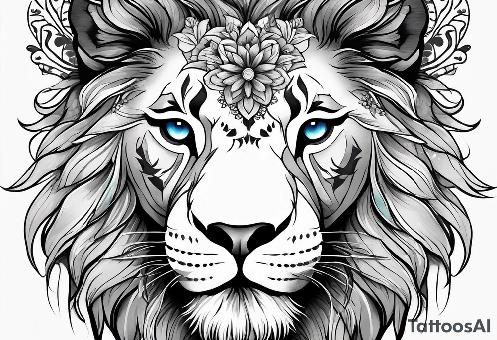 Lion face half delicate half lion one eye blue one eye green a flowers and butterflies on delicate side tattoo idea