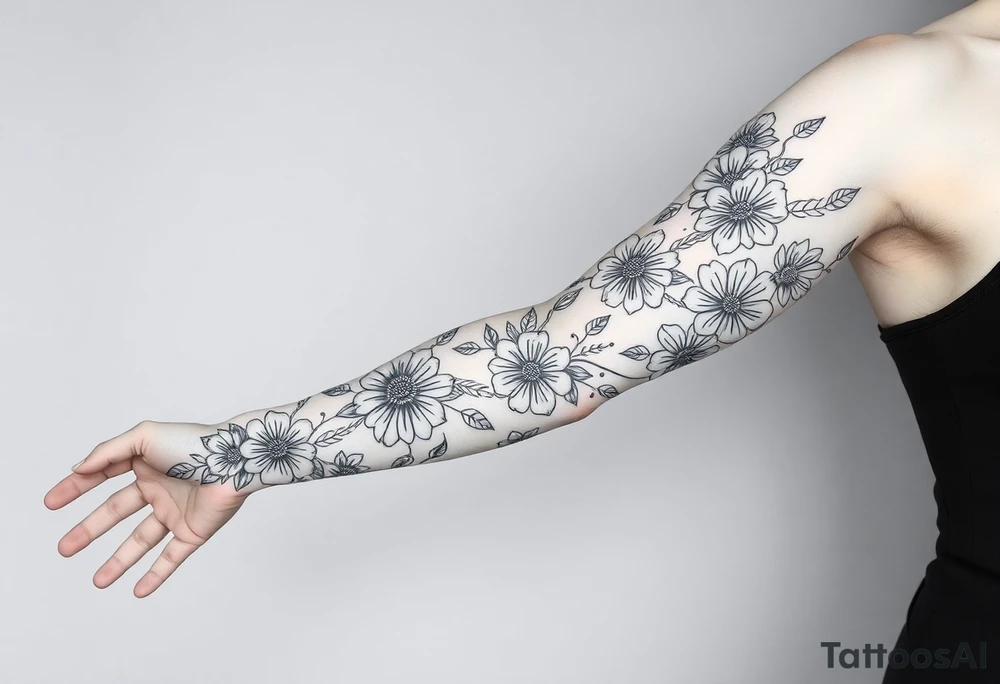 Doodles full sleeve with flowers. Not perfect lines. Abstract. Artistic. Unique tattoo idea