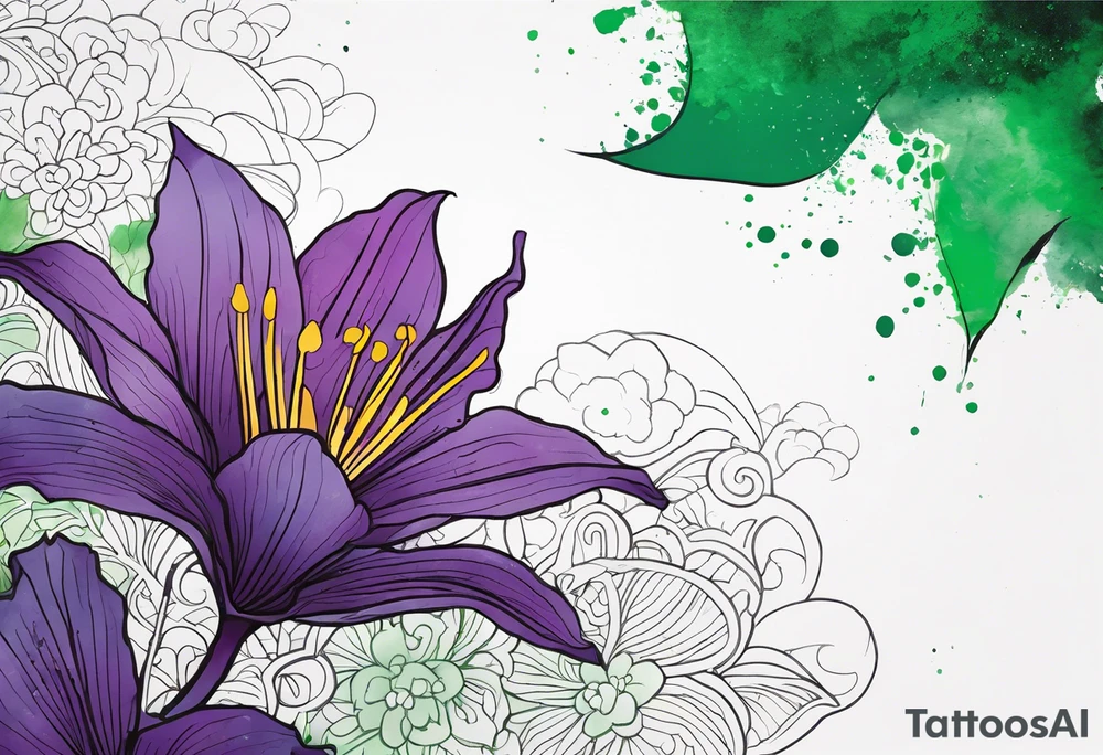 A mystical outline of a rio dipladenia flower and a green/purple watercolor splatter in the background tattoo idea