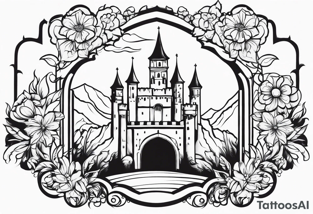 medieval tribal city gate floral land vignette tattoo idea